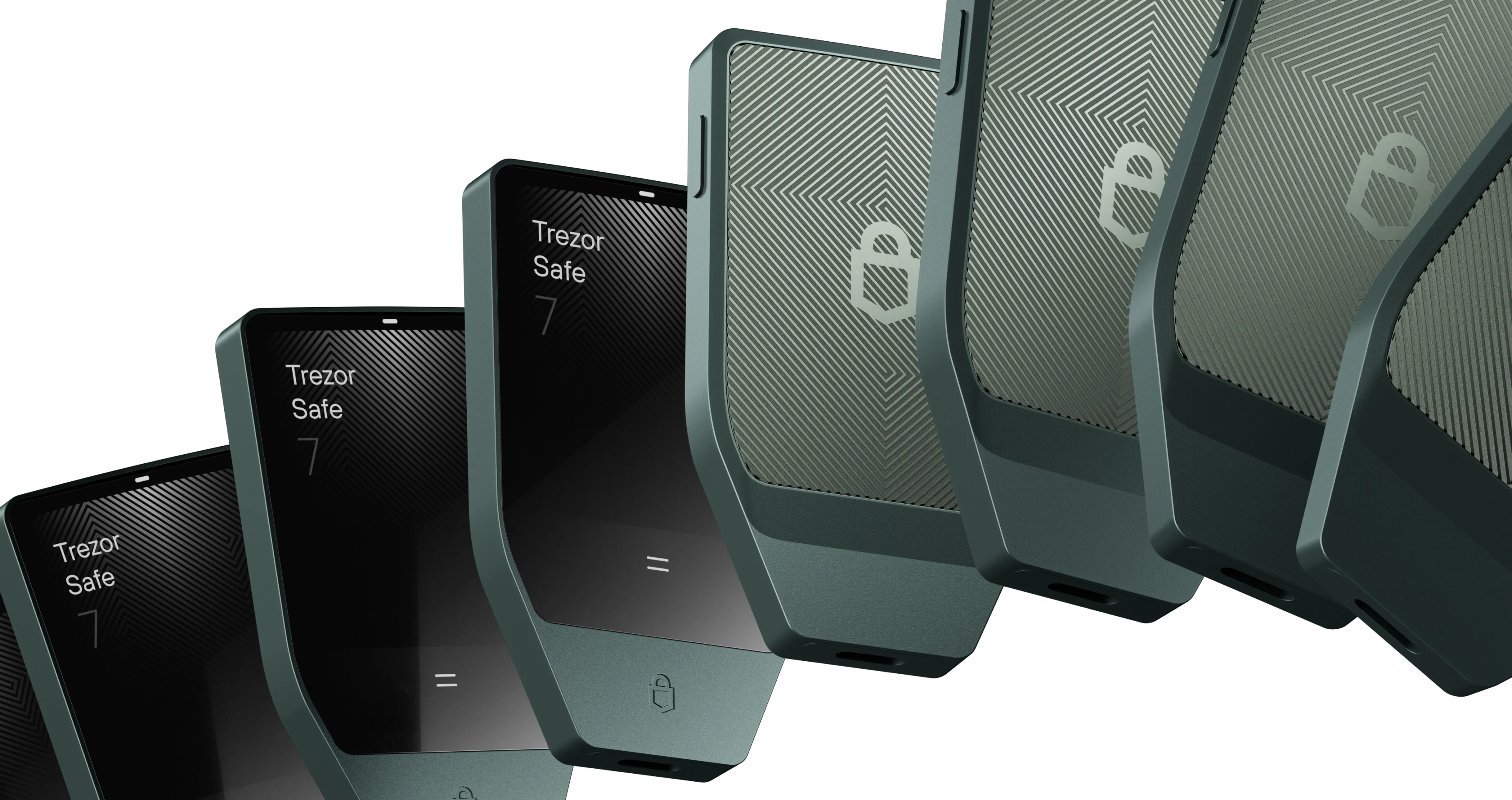 A receding lineup of Trezor Safe 7 devices, dark with textured backplates.