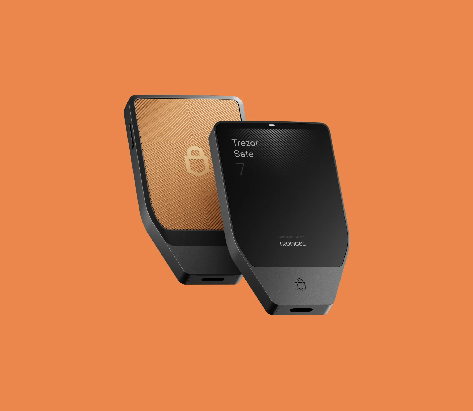 Two Trezor Safe devices, black and copper, on a warm orange field.