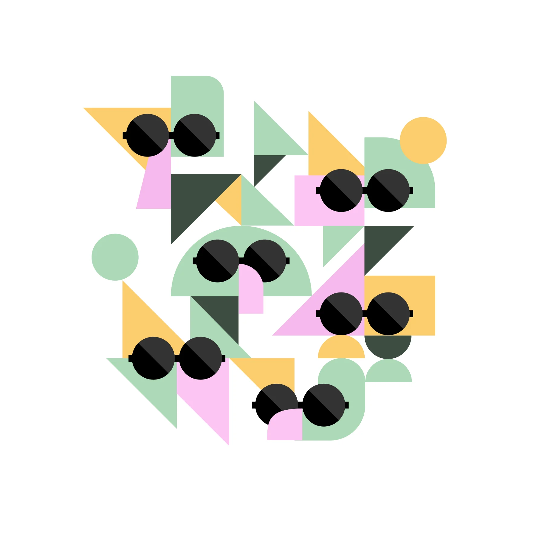 A dense composition of geometric avatar faces in dark glasses.