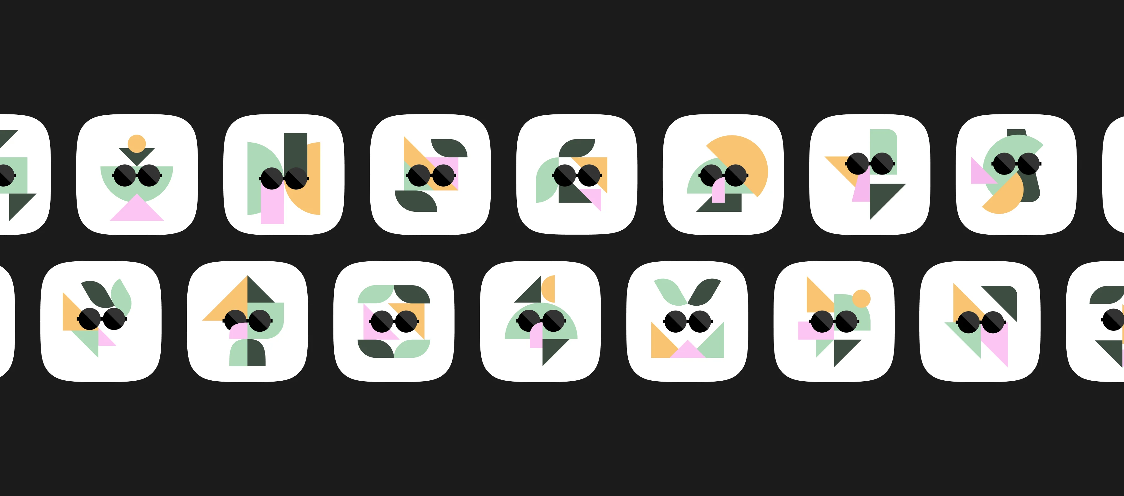 A long row of generated user avatars on black, showing the range of the avatar system.