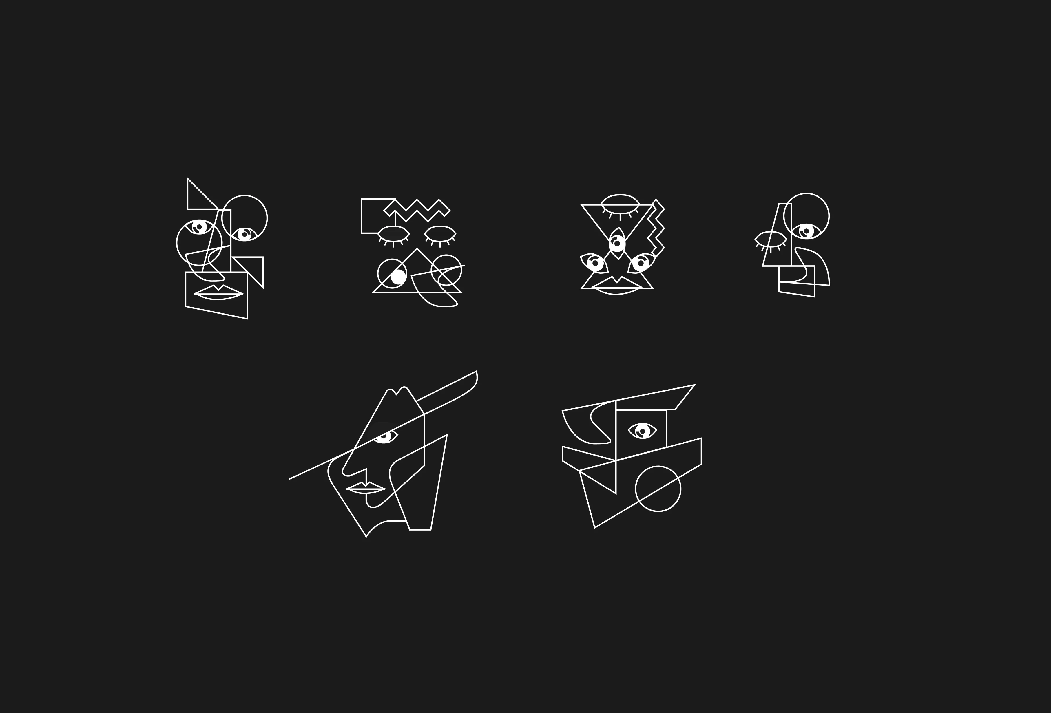 Line-drawn character illustrations in the Vexl style, on black.