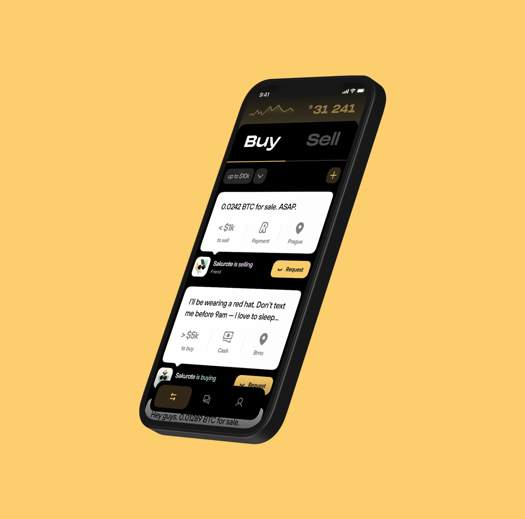 The Vexl Buy/Sell screen on a phone, on yellow.