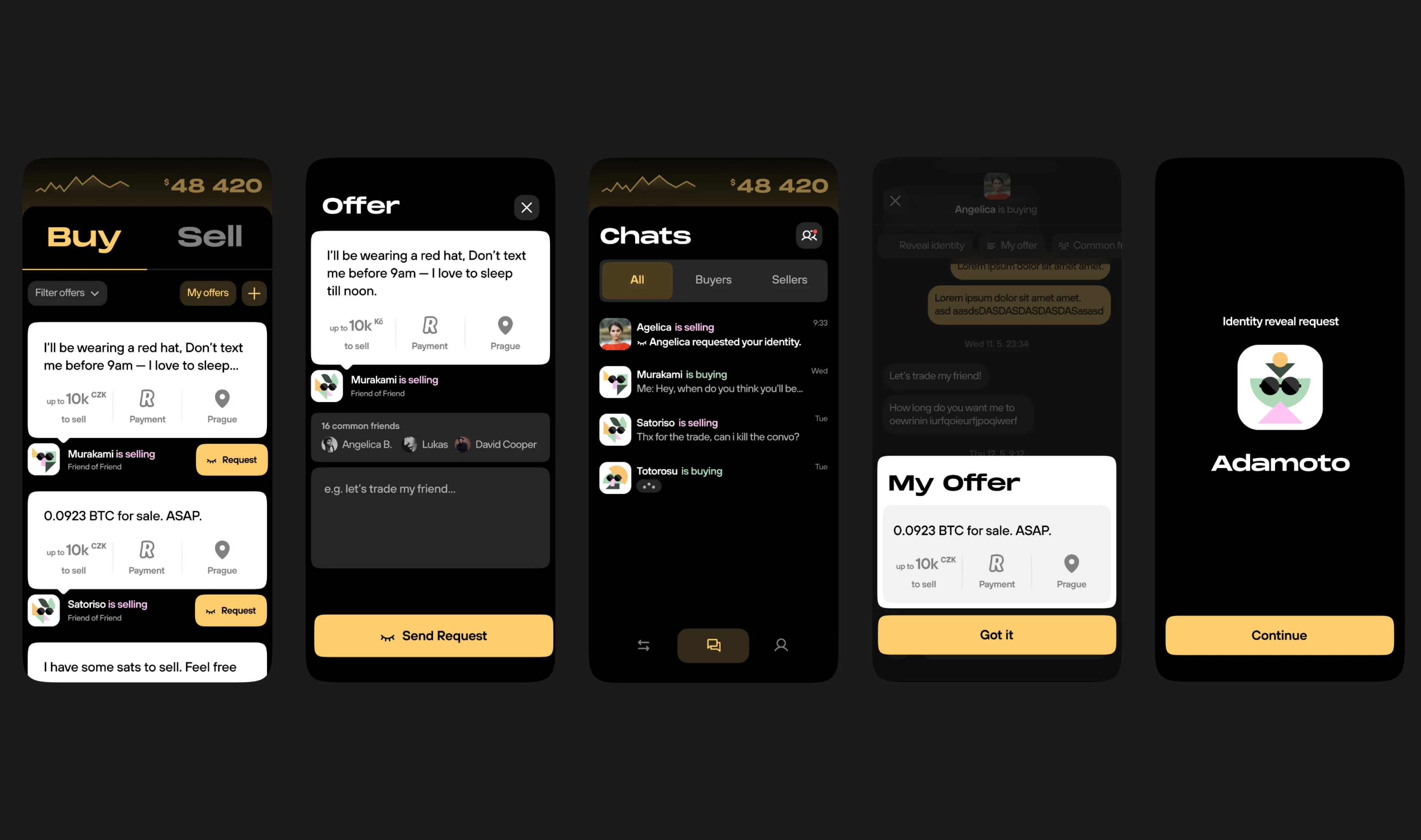 Several Vexl app screens — offers, chats and a user's own offer.