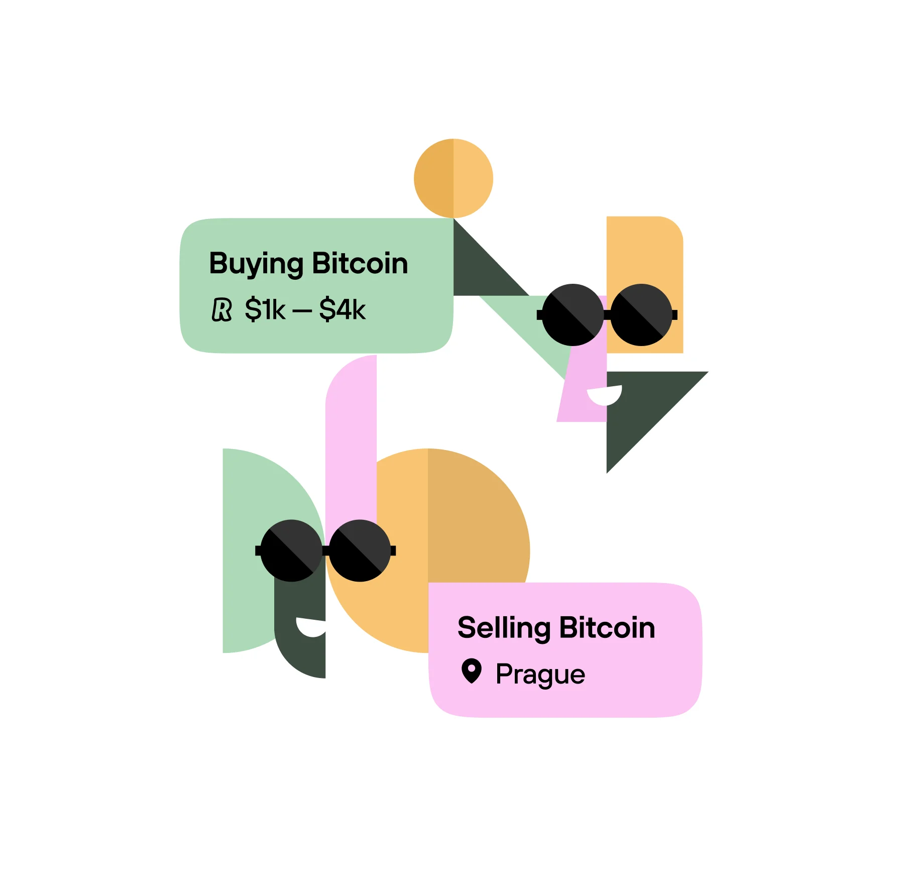 Illustrated "Buying Bitcoin" and "Selling Bitcoin" offer bubbles with an avatar.