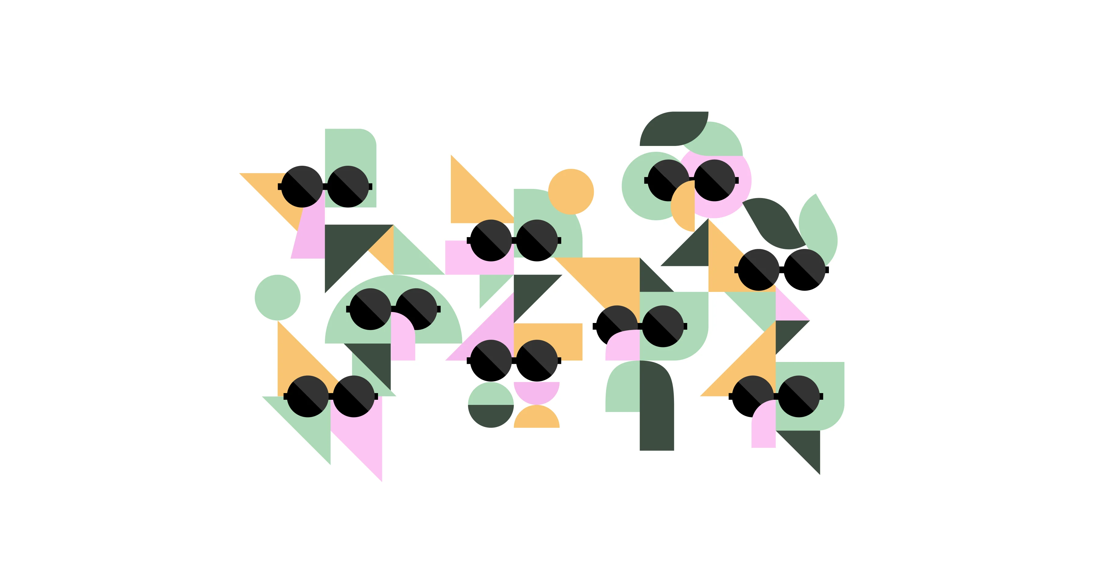 A field of abstract avatar faces in dark glasses, built from geometric shapes.