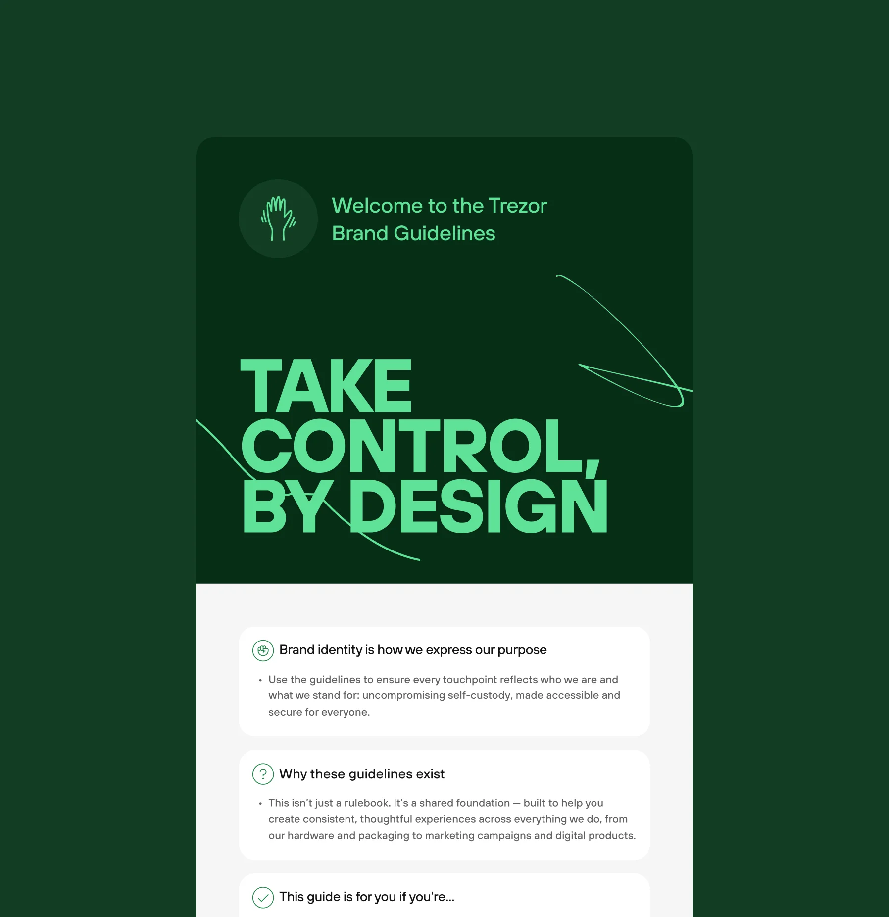 A phone mockup of the Trezor Brand Guidelines — “Take control, by design”.