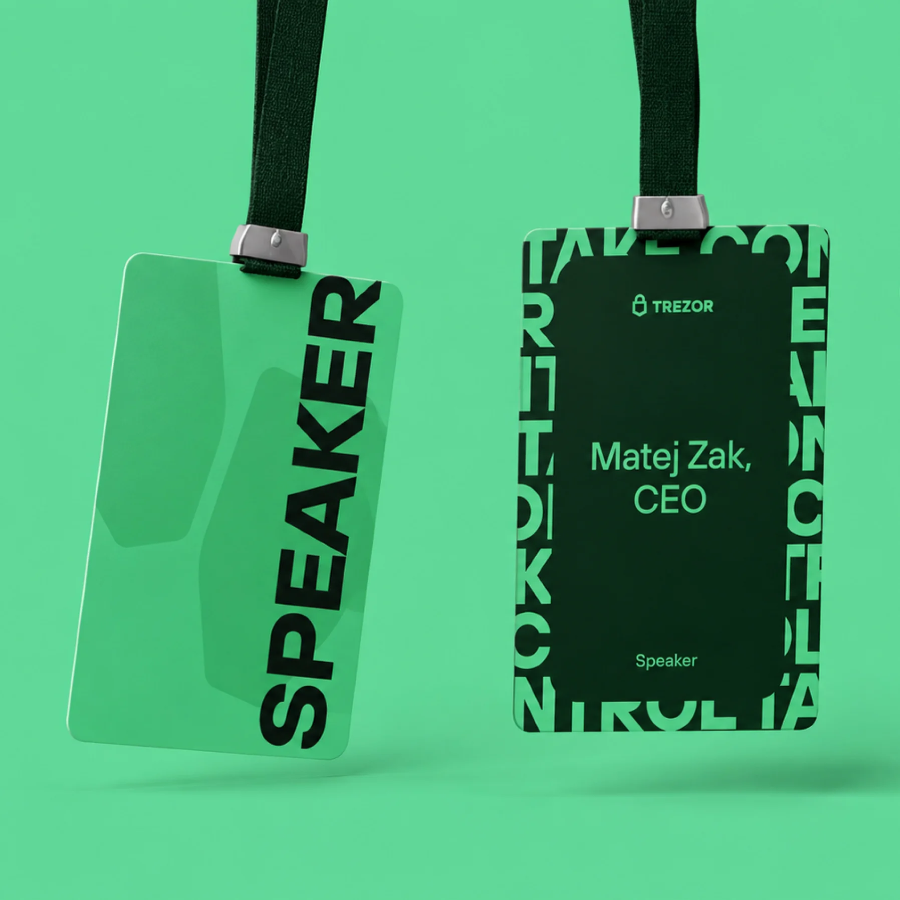 A green lanyard and “Speaker” event pass — “Matej Zak, CEO”.