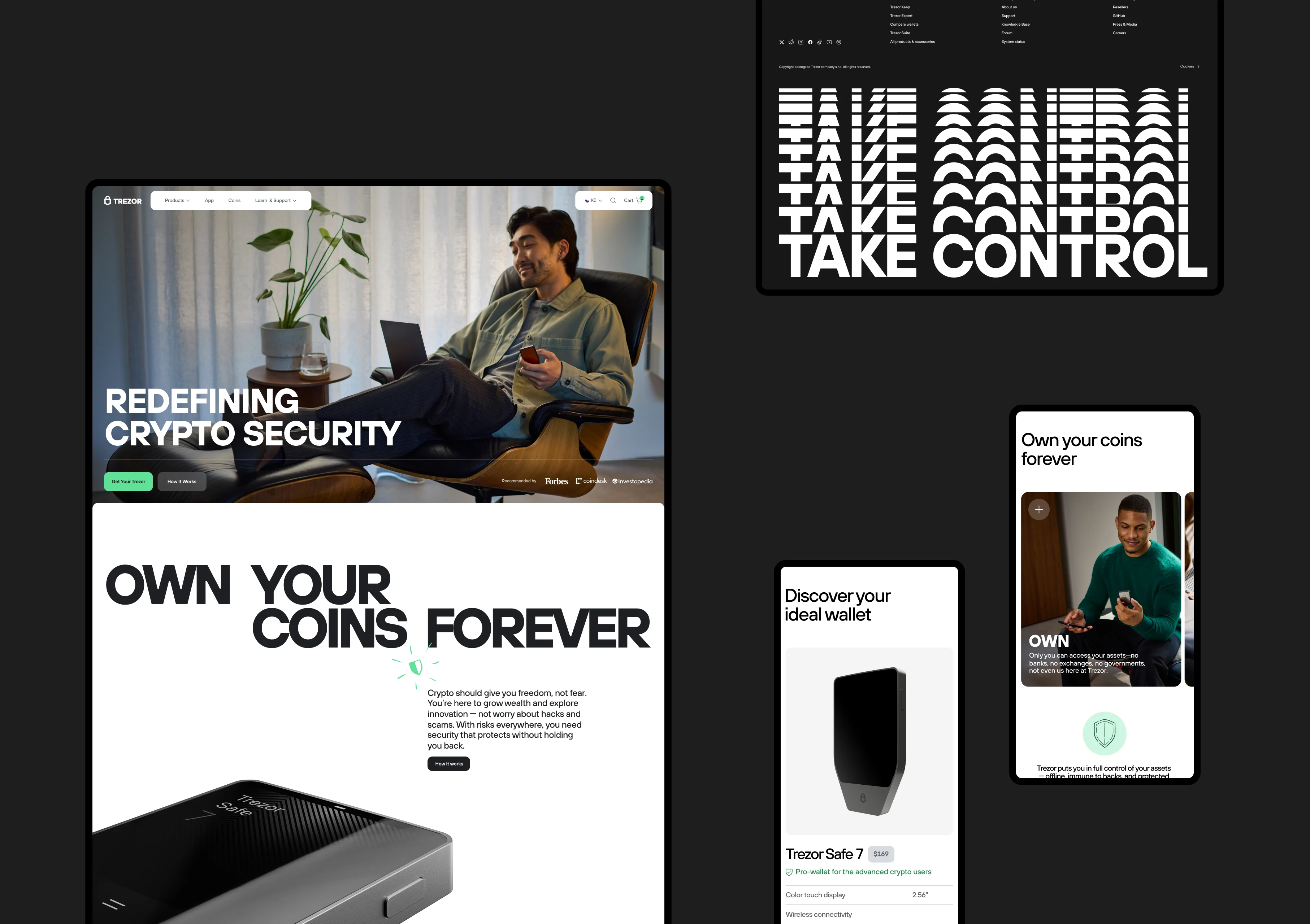 The e-shop vision – website mockups: “Redefining crypto security”, “Own your coins forever”, a repeated “Take control” type panel and product cards.
