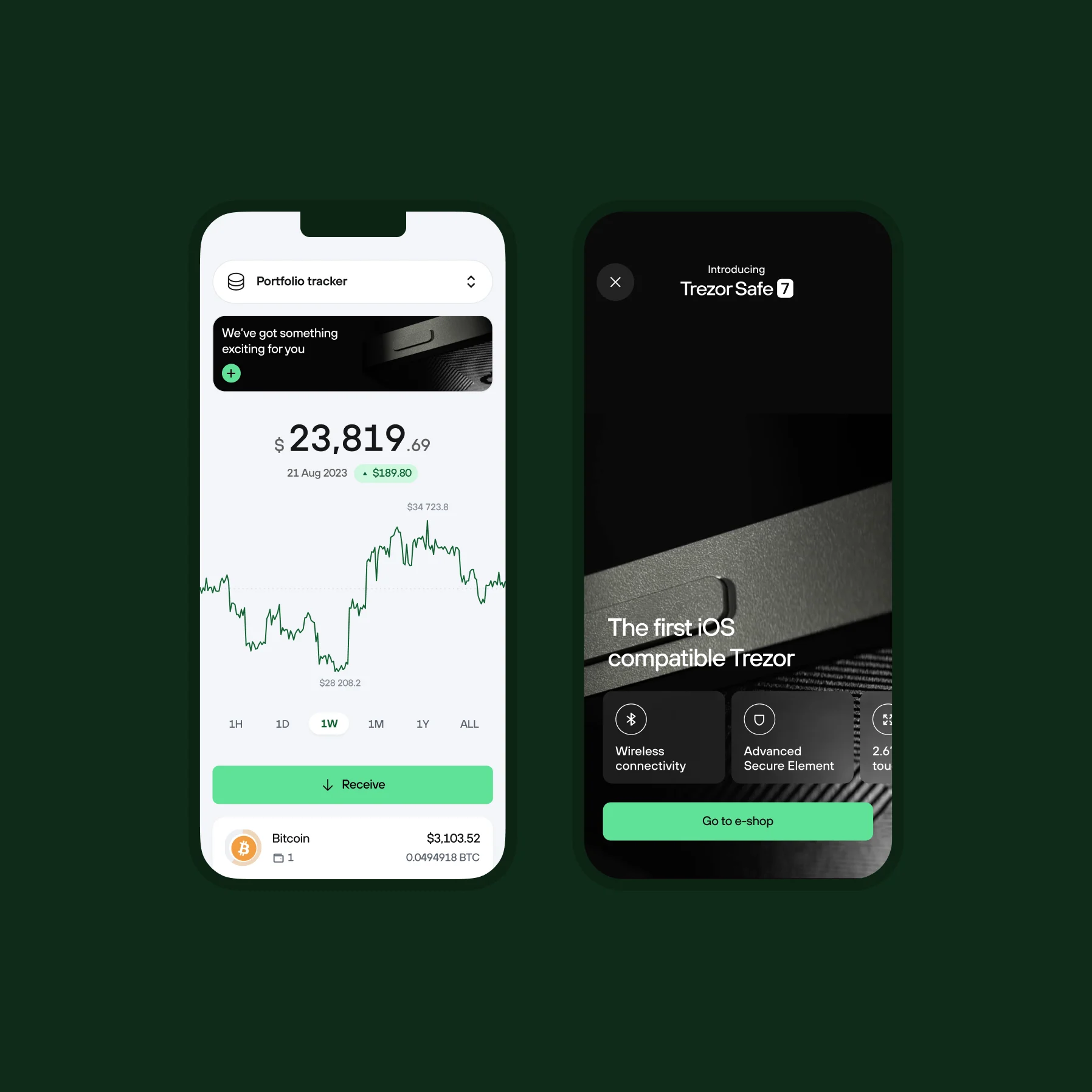 Two app screens on green — a portfolio tracker showing a balance and price chart, and an “Introducing Trezor Safe 7, the first iOS-compatible Trezor” screen with feature chips.